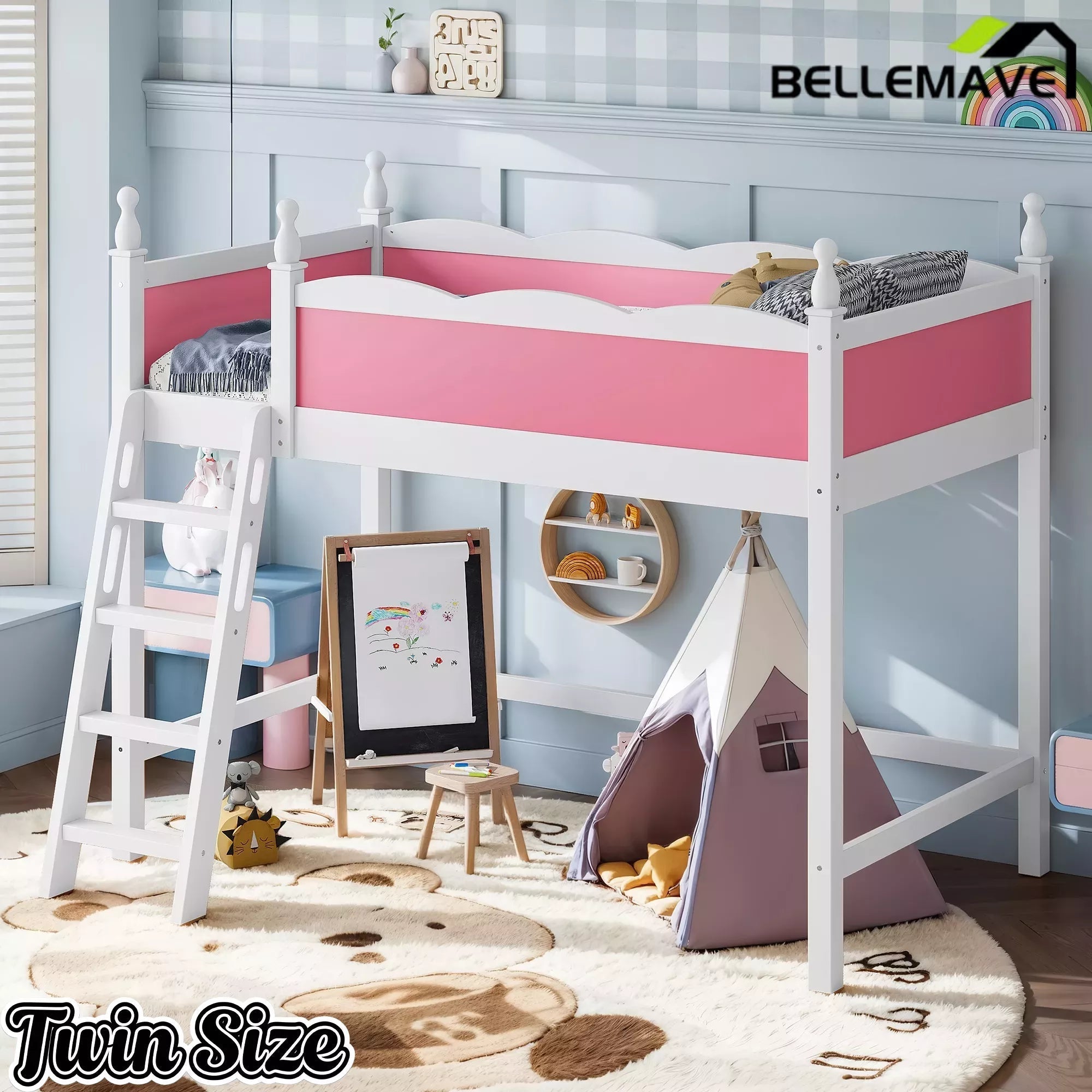 Bellemave® Solid Wood Full Size Loft Bed with Guardrails & Ladder, Space-Saving - Bellemave