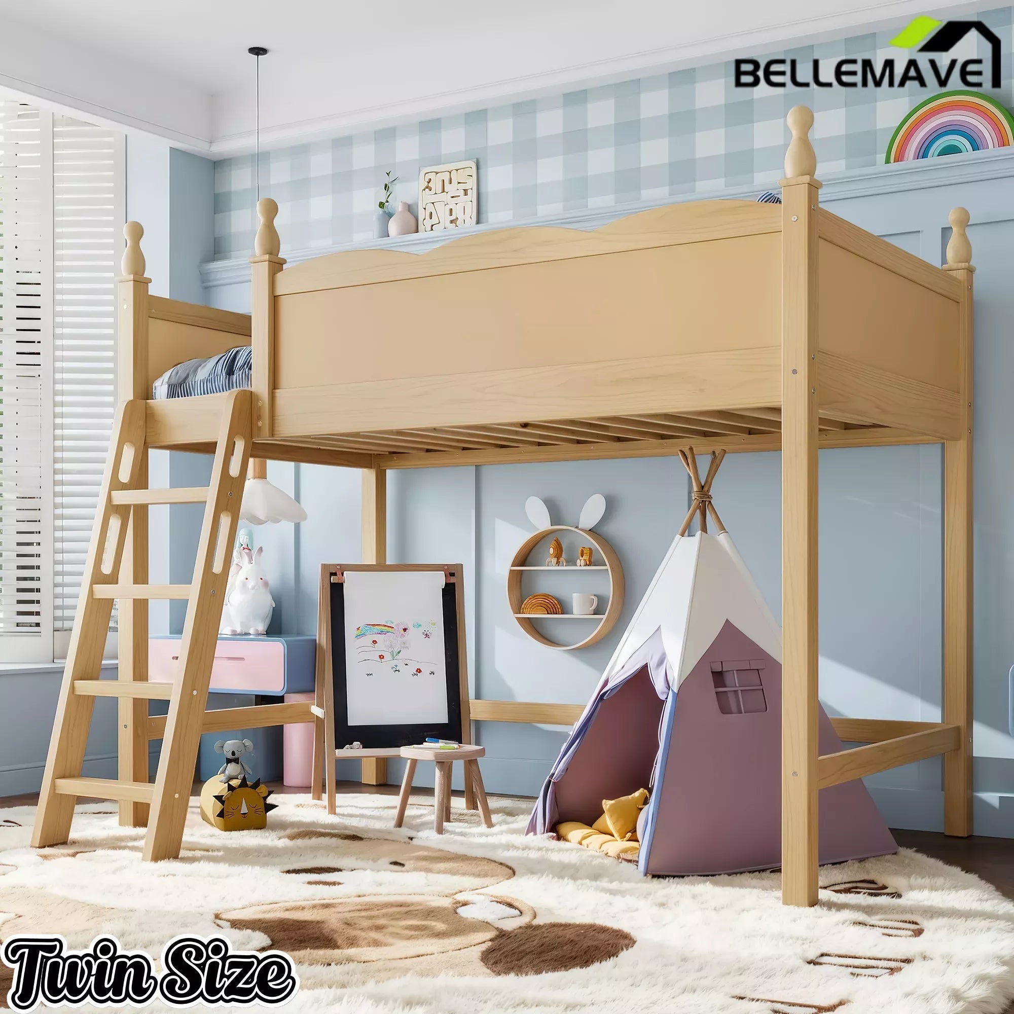 Bellemave® Solid Wood Full Size Loft Bed with Guardrails & Ladder, Space-Saving - Bellemave