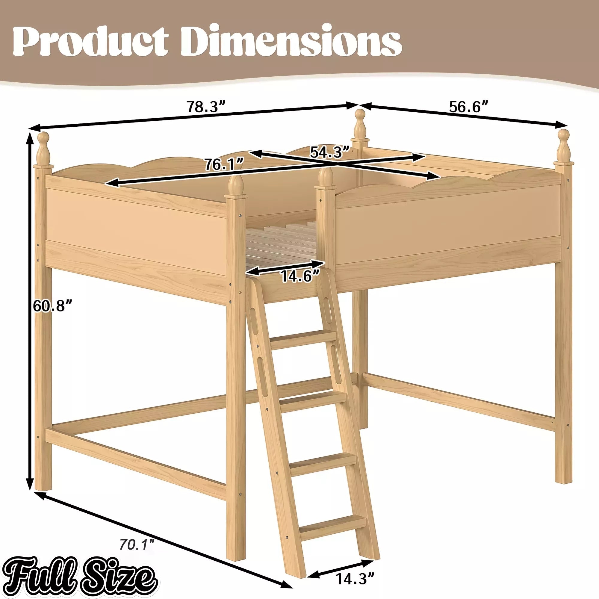 Bellemave® Solid Wood Full Size Loft Bed with Guardrails & Ladder, Space-Saving - Bellemave