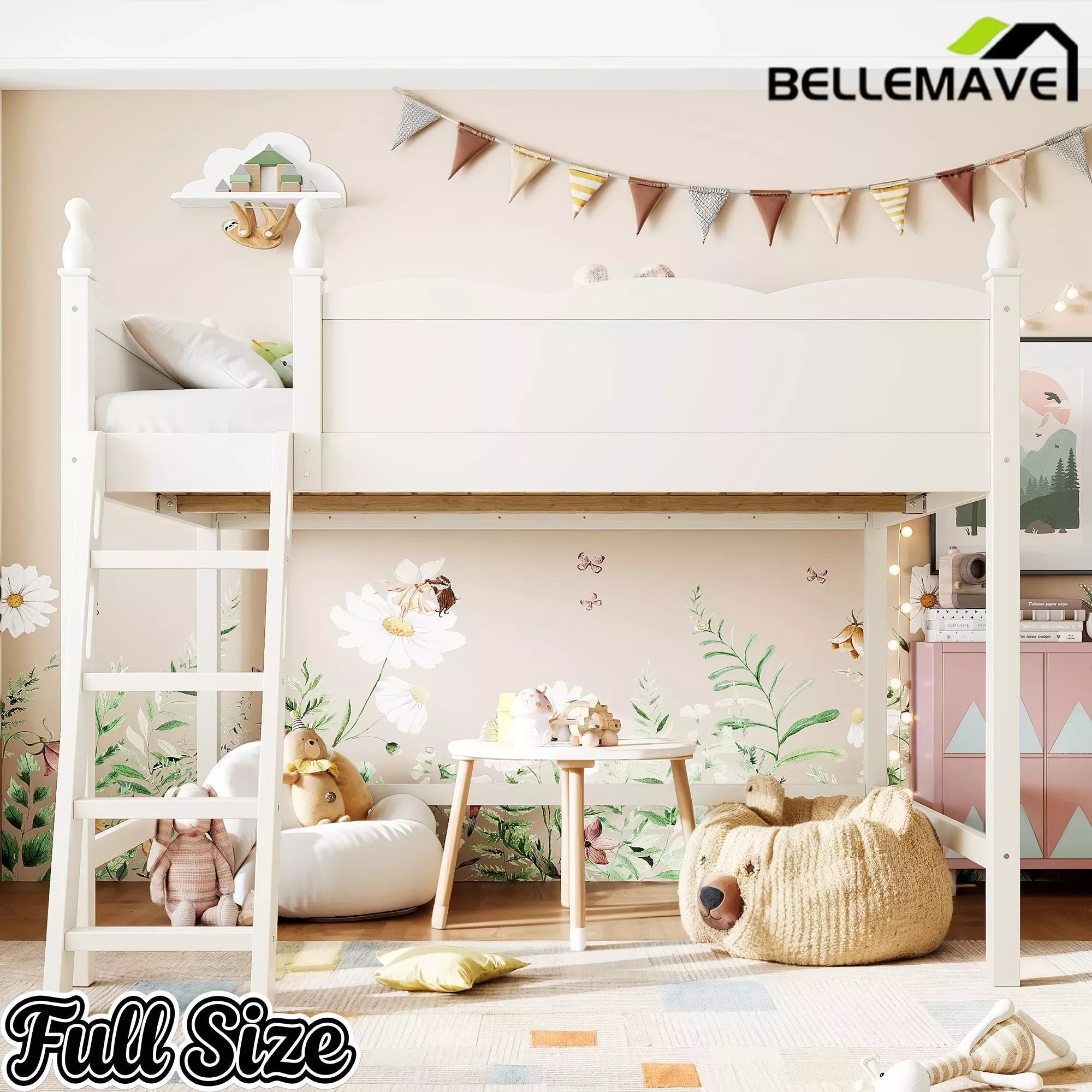 Bellemave® Solid Wood Full Size Loft Bed with Guardrails & Ladder, Space-Saving - Bellemave
