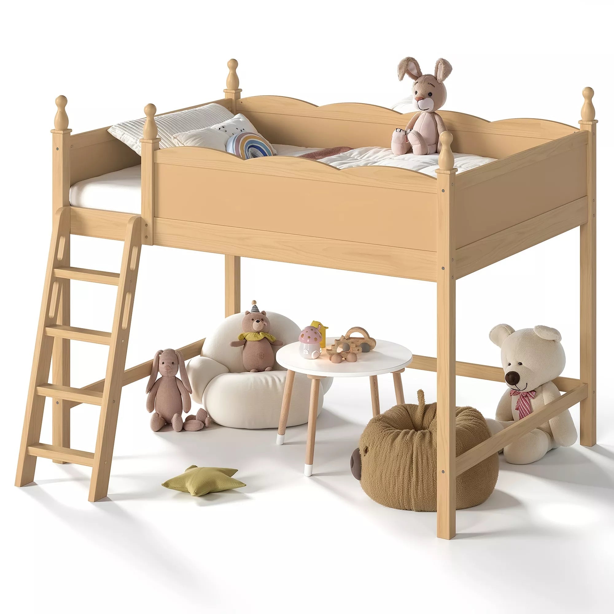 Bellemave® Solid Wood Full Size Loft Bed with Guardrails & Ladder, Space-Saving - Bellemave