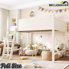 Bellemave® Solid Wood Full Size Loft Bed with Guardrails & Ladder, Space-Saving - Bellemave