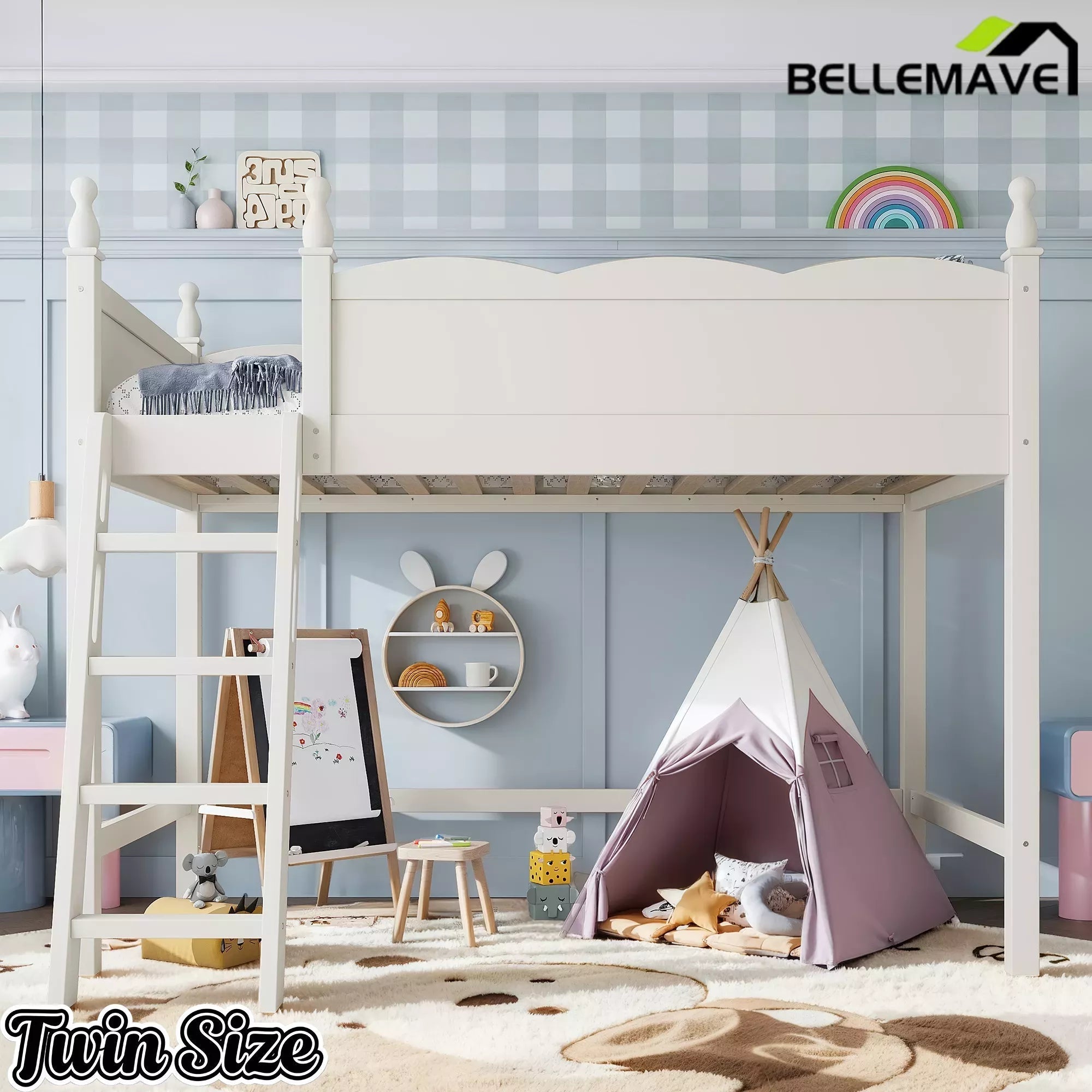 Bellemave® Solid Wood Full Size Loft Bed with Guardrails & Ladder, Space-Saving - Bellemave