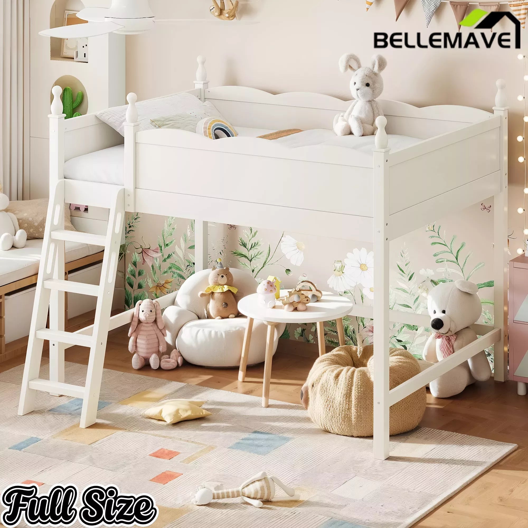 Bellemave® Solid Wood Full Size Loft Bed with Guardrails & Ladder, Space-Saving - Bellemave
