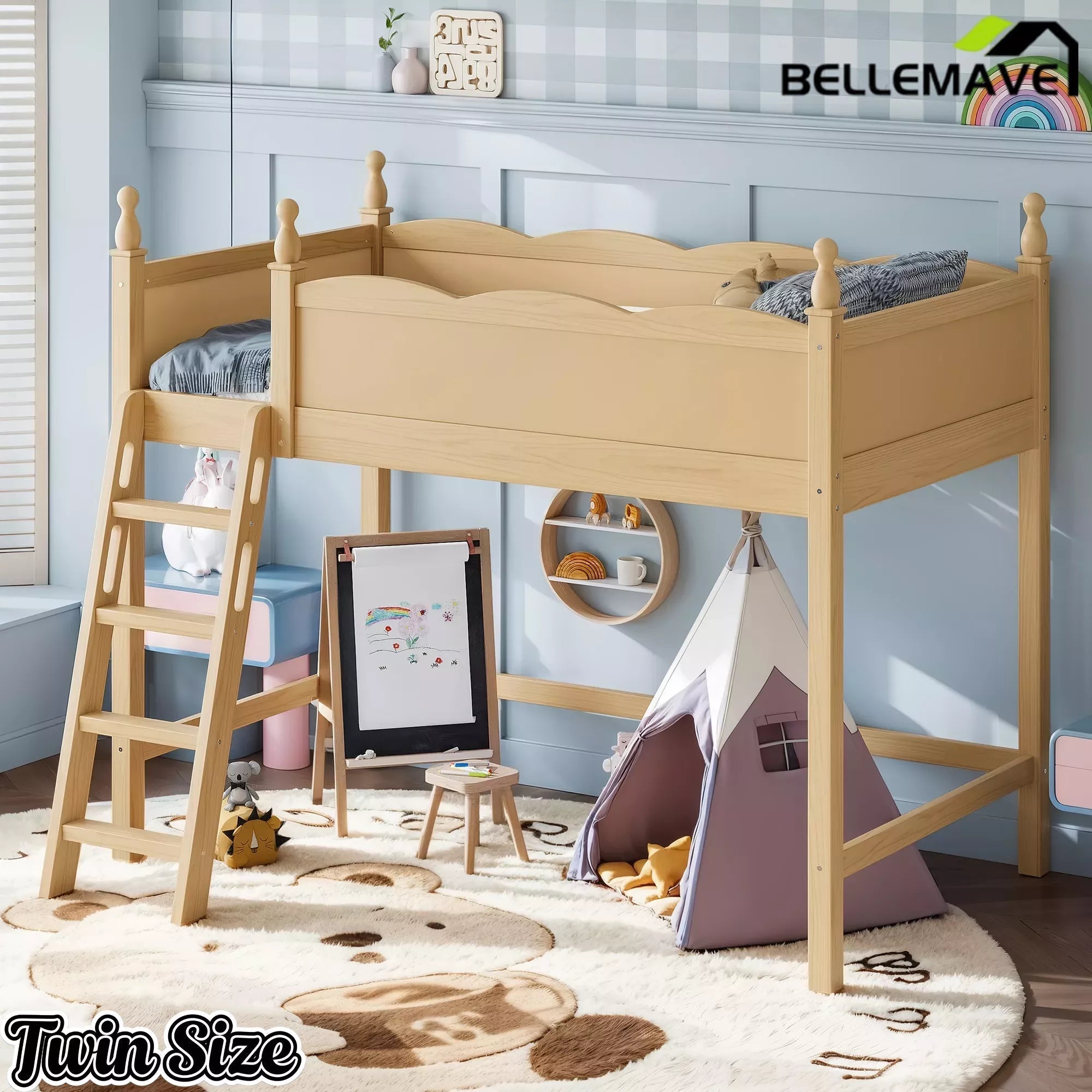 Bellemave® Solid Wood Full Size Loft Bed with Guardrails & Ladder, Space-Saving - Bellemave