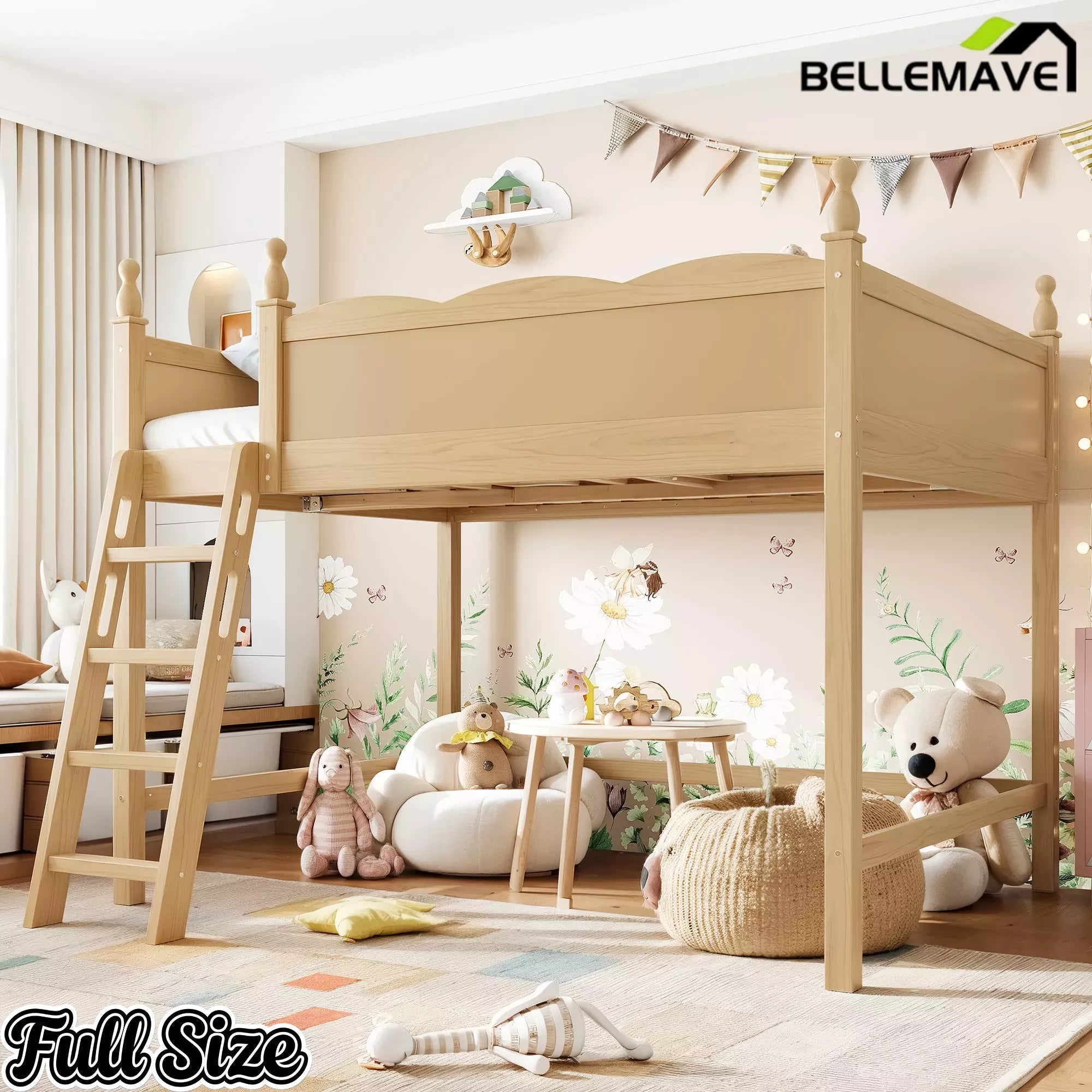 Bellemave® Solid Wood Full Size Loft Bed with Guardrails & Ladder, Space-Saving - Bellemave