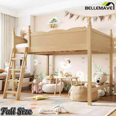 Bellemave® Solid Wood Full Size Loft Bed with Guardrails & Ladder, Space-Saving - Bellemave