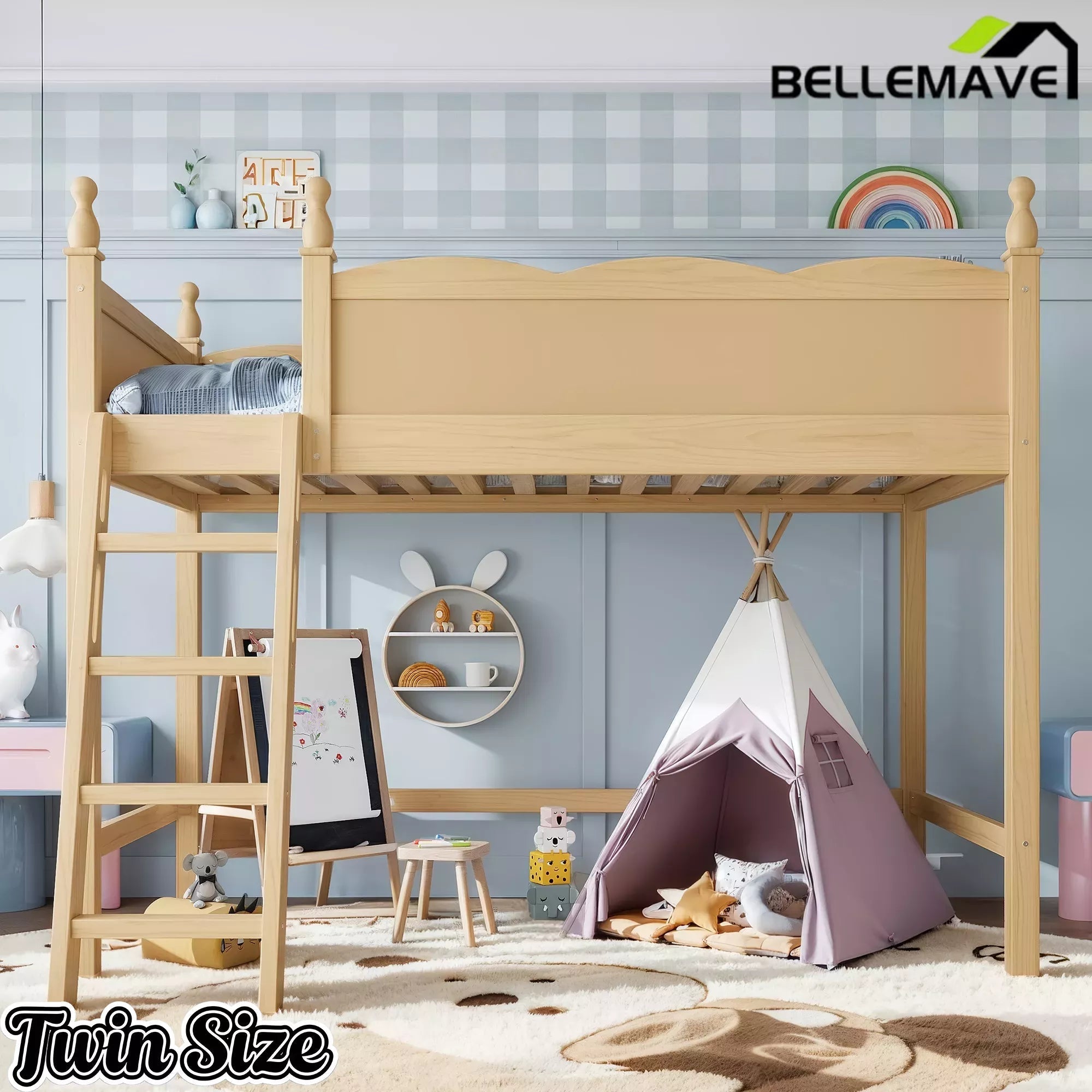 Bellemave® Solid Wood Full Size Loft Bed with Guardrails & Ladder, Space-Saving - Bellemave