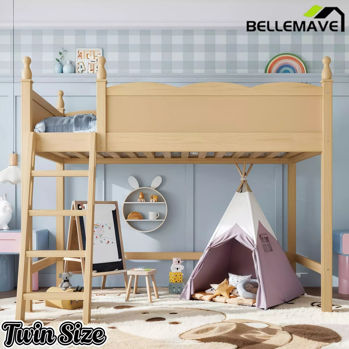 Bellemave® Solid Wood Full Size Loft Bed with Guardrails & Ladder, Space-Saving - Bellemave