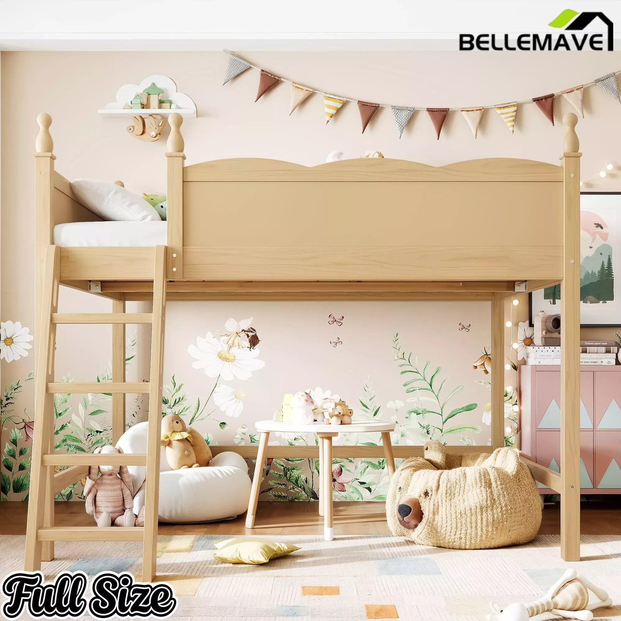 Bellemave® Solid Wood Full Size Loft Bed with Guardrails & Ladder, Space-Saving - Bellemave