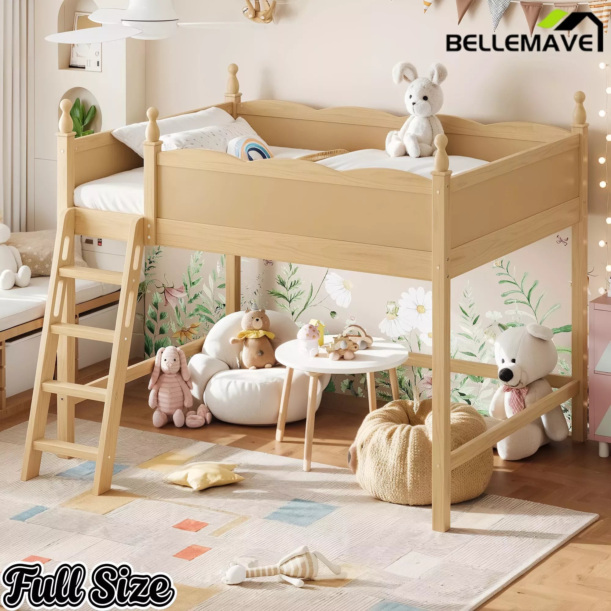 Bellemave® Solid Wood Full Size Loft Bed with Guardrails & Ladder, Space-Saving - Bellemave
