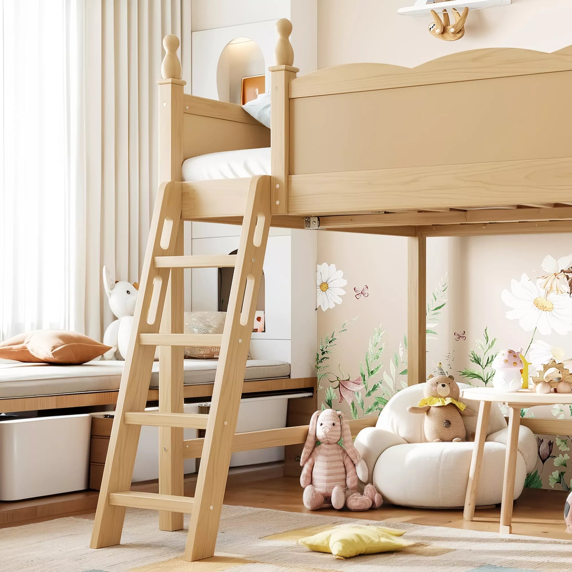 Bellemave® Solid Wood Full Size Loft Bed with Guardrails & Ladder, Space-Saving - Bellemave