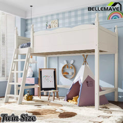 Bellemave® Solid Wood Full Size Loft Bed with Guardrails & Ladder, Space-Saving - Bellemave