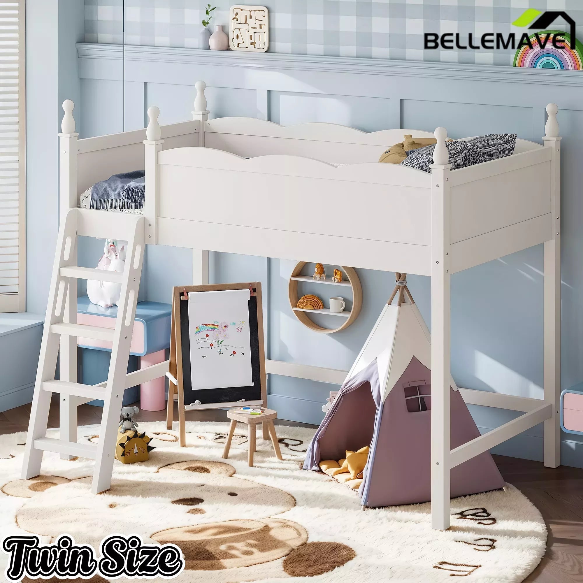 Bellemave® Solid Wood Full Size Loft Bed with Guardrails & Ladder, Space-Saving - Bellemave