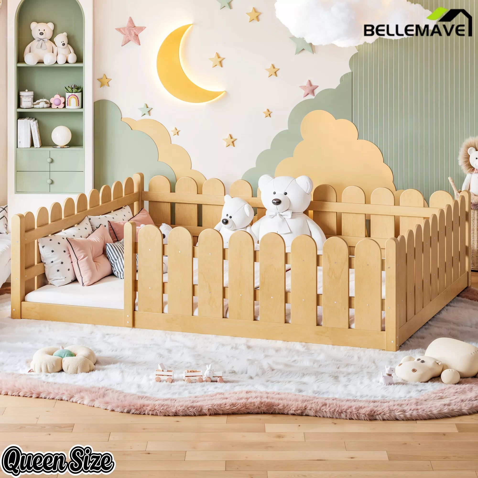 Bellemave® Solid Wood Montessori Floor Bed with Fence Guardrails, Low Profile Kids Floor Bed Frame - Bellemave