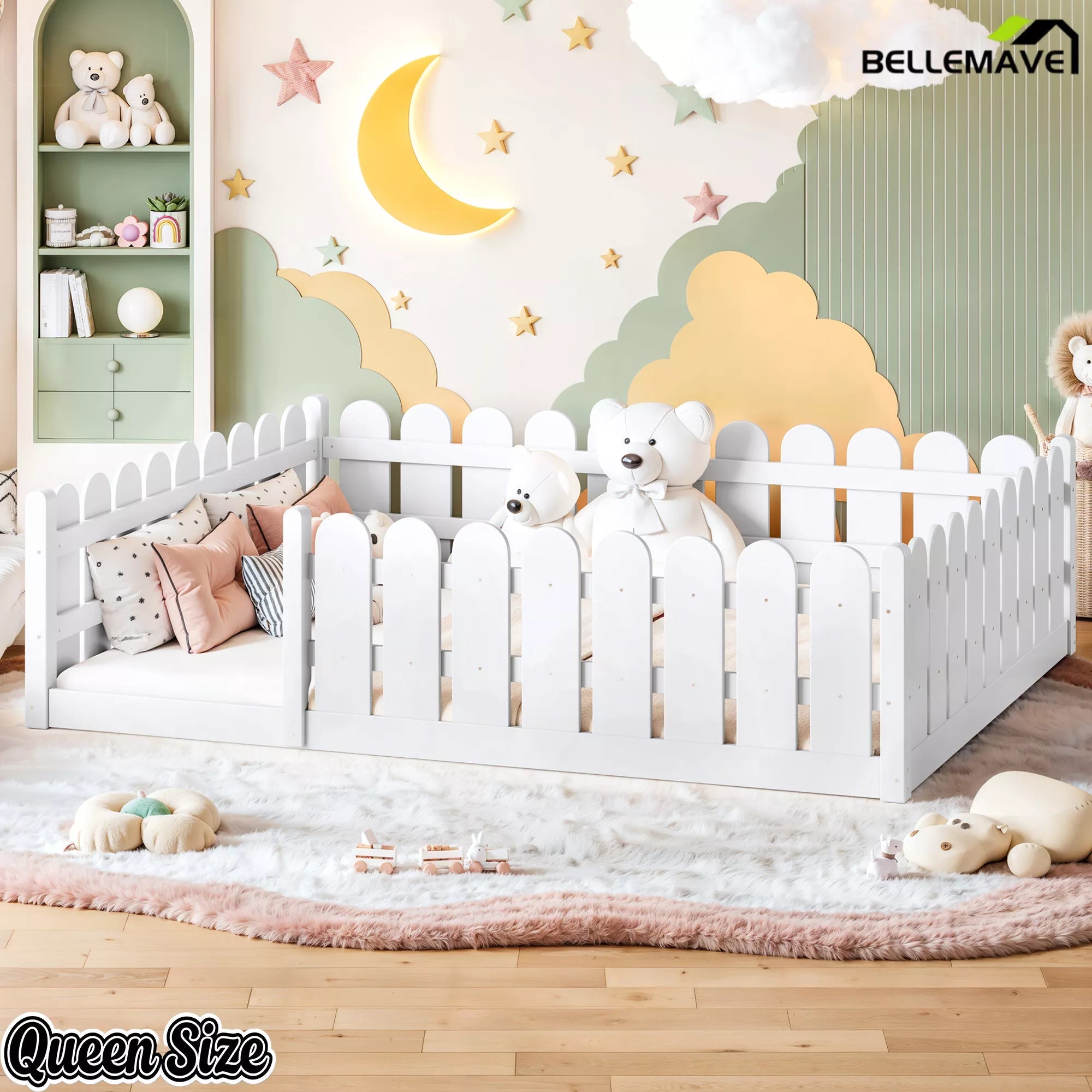 Bellemave® Solid Wood Montessori Floor Bed with Fence Guardrails, Low Profile Kids Floor Bed Frame - Bellemave