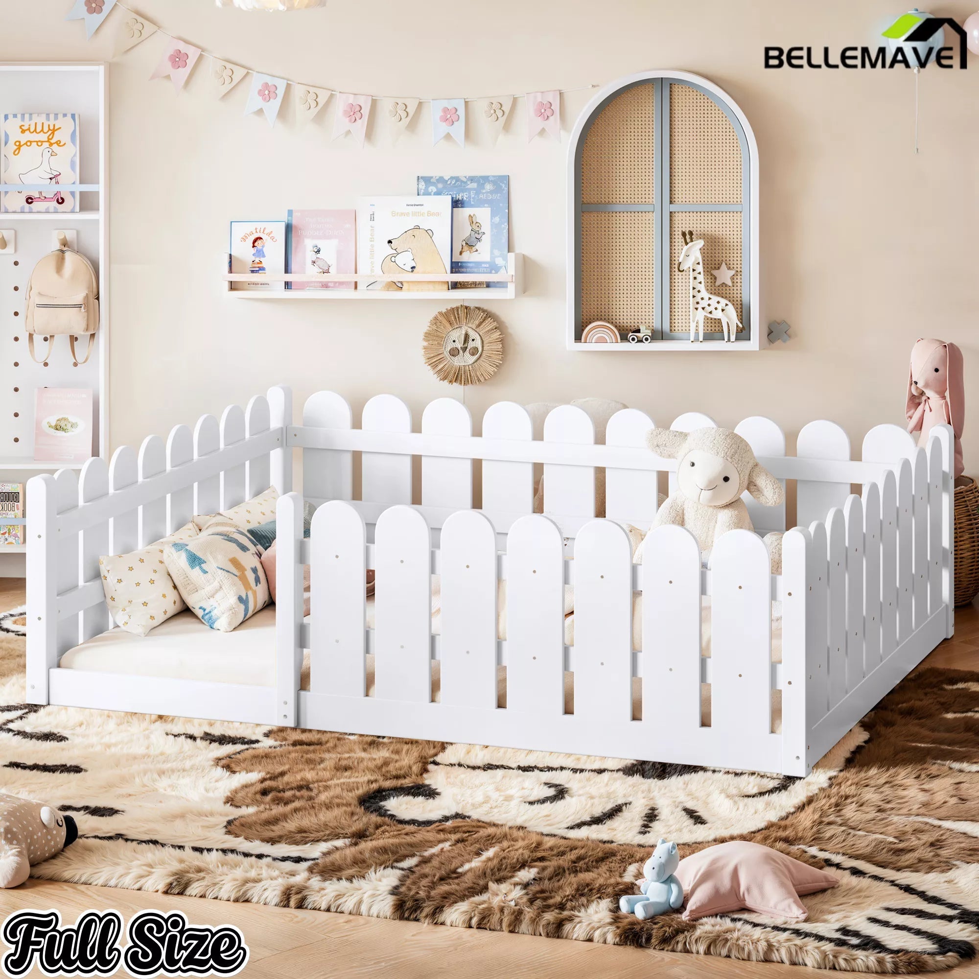 Bellemave® Solid Wood Montessori Floor Bed with Fence Guardrails, Low Profile Kids Floor Bed Frame - Bellemave