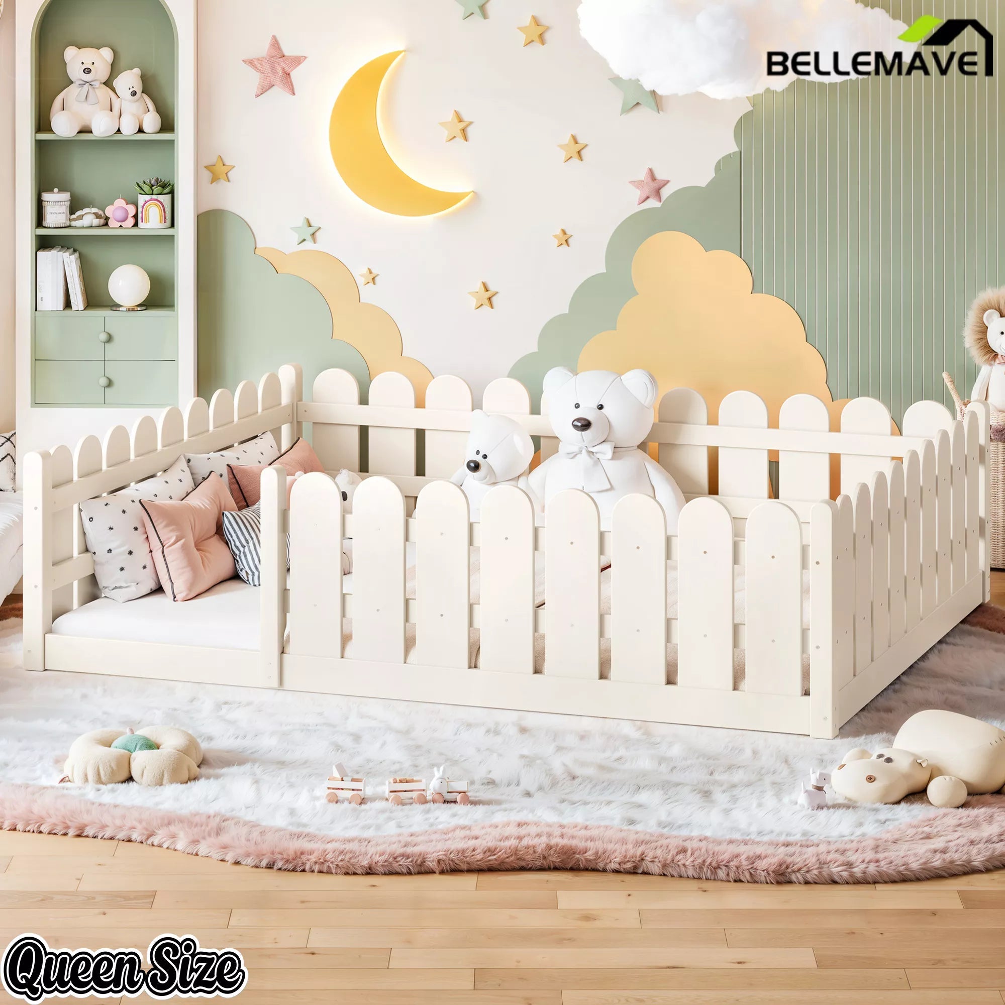 Bellemave® Solid Wood Montessori Floor Bed with Fence Guardrails, Low Profile Kids Floor Bed Frame - Bellemave