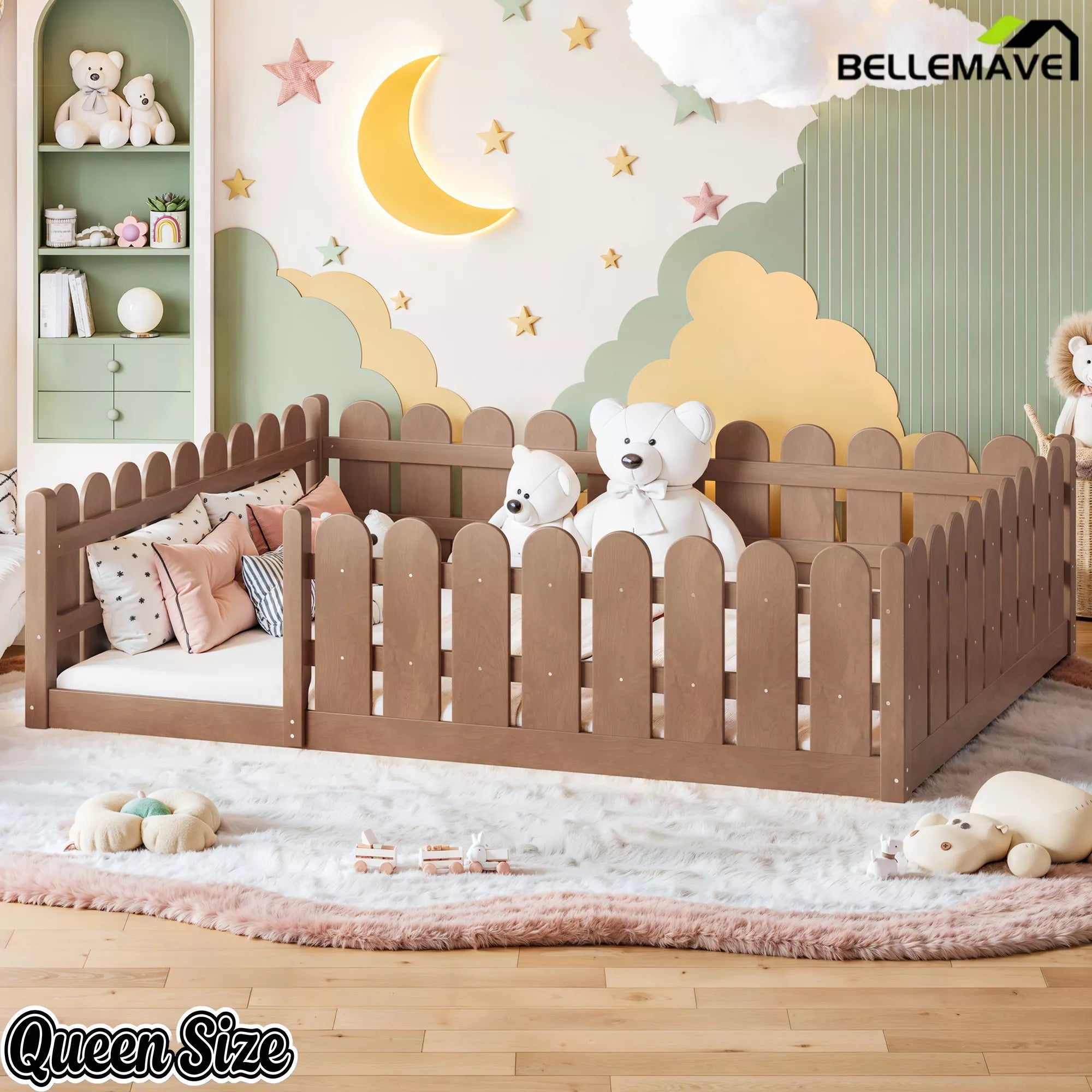 Bellemave® Solid Wood Montessori Floor Bed with Fence Guardrails, Low Profile Kids Floor Bed Frame - Bellemave
