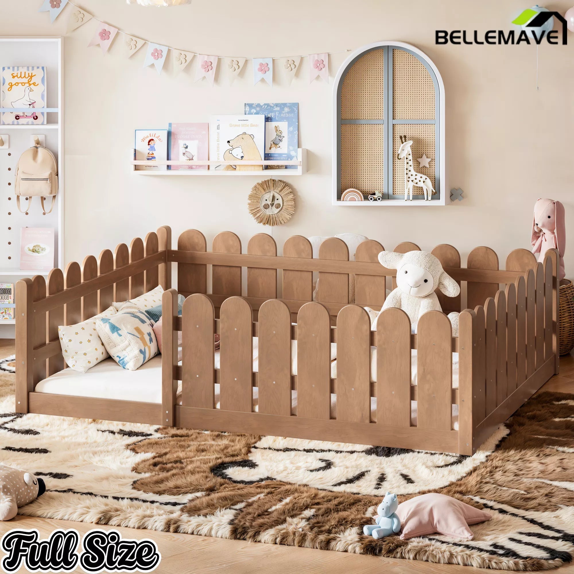 Bellemave® Solid Wood Montessori Floor Bed with Fence Guardrails, Low Profile Kids Floor Bed Frame - Bellemave