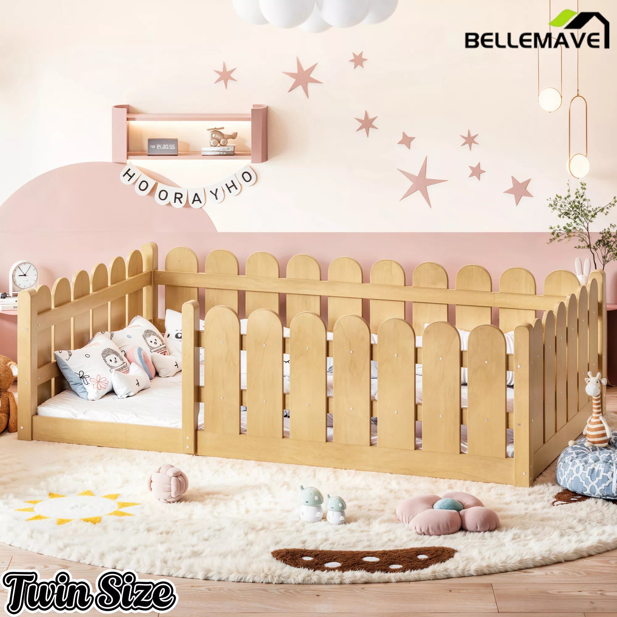Bellemave® Solid Wood Montessori Floor Bed with Fence Guardrails, Low Profile Kids Floor Bed Frame - Bellemave