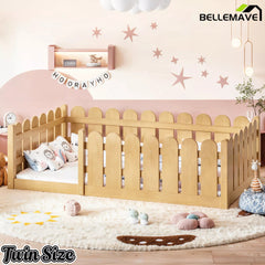 Bellemave® Solid Wood Montessori Floor Bed with Fence Guardrails, Low Profile Kids Floor Bed Frame - Bellemave