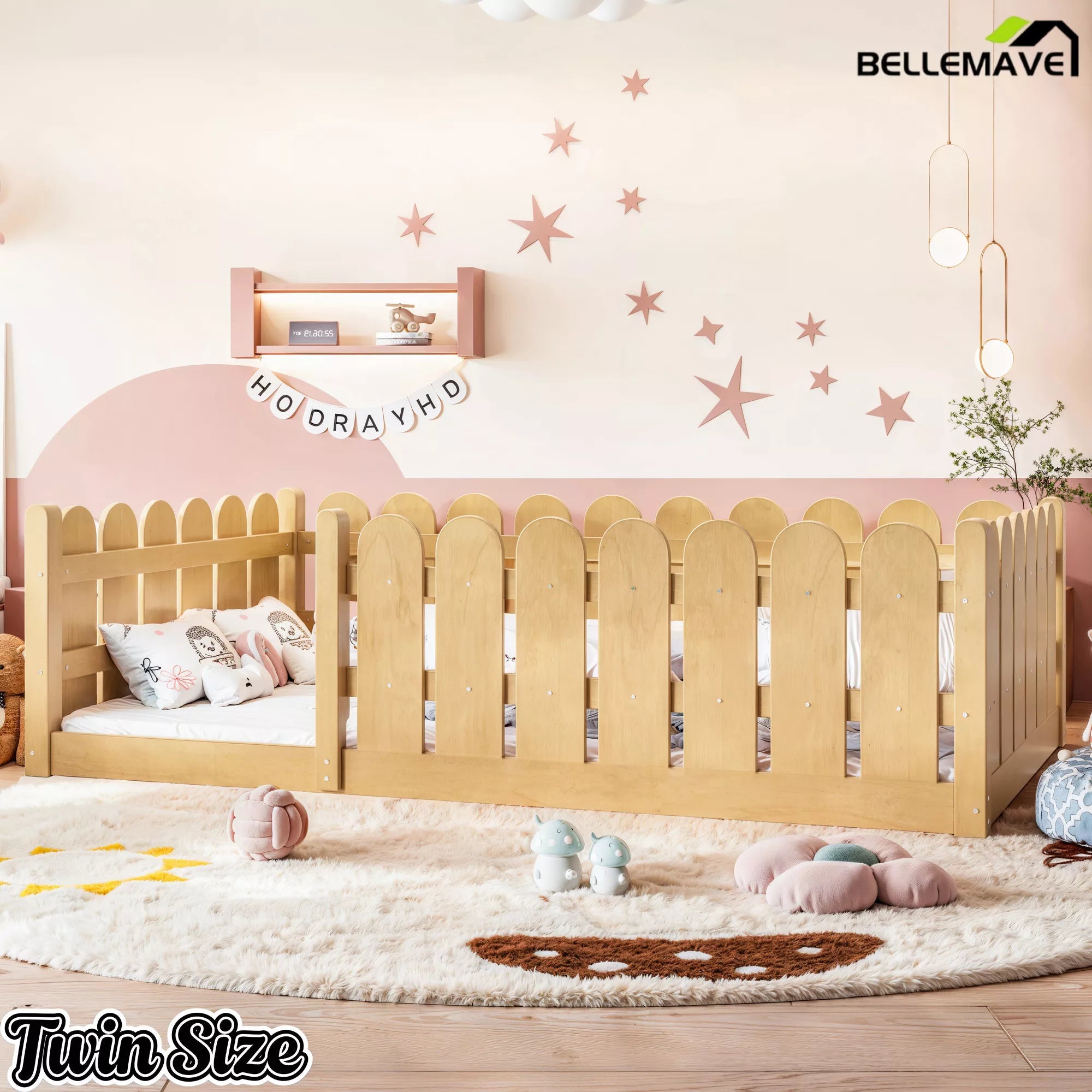 Bellemave® Solid Wood Montessori Floor Bed with Fence Guardrails, Low Profile Kids Floor Bed Frame - Bellemave