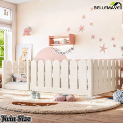 Bellemave® Solid Wood Montessori Floor Bed with Fence Guardrails, Low Profile Kids Floor Bed Frame - Bellemave