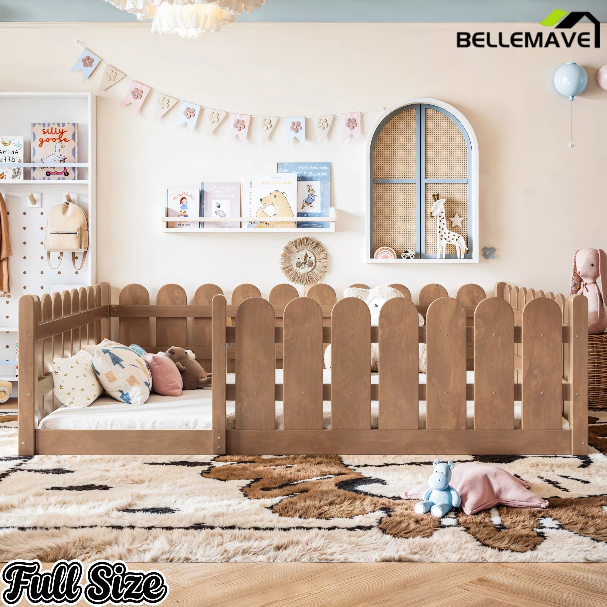 Bellemave® Solid Wood Montessori Floor Bed with Fence Guardrails, Low Profile Kids Floor Bed Frame - Bellemave