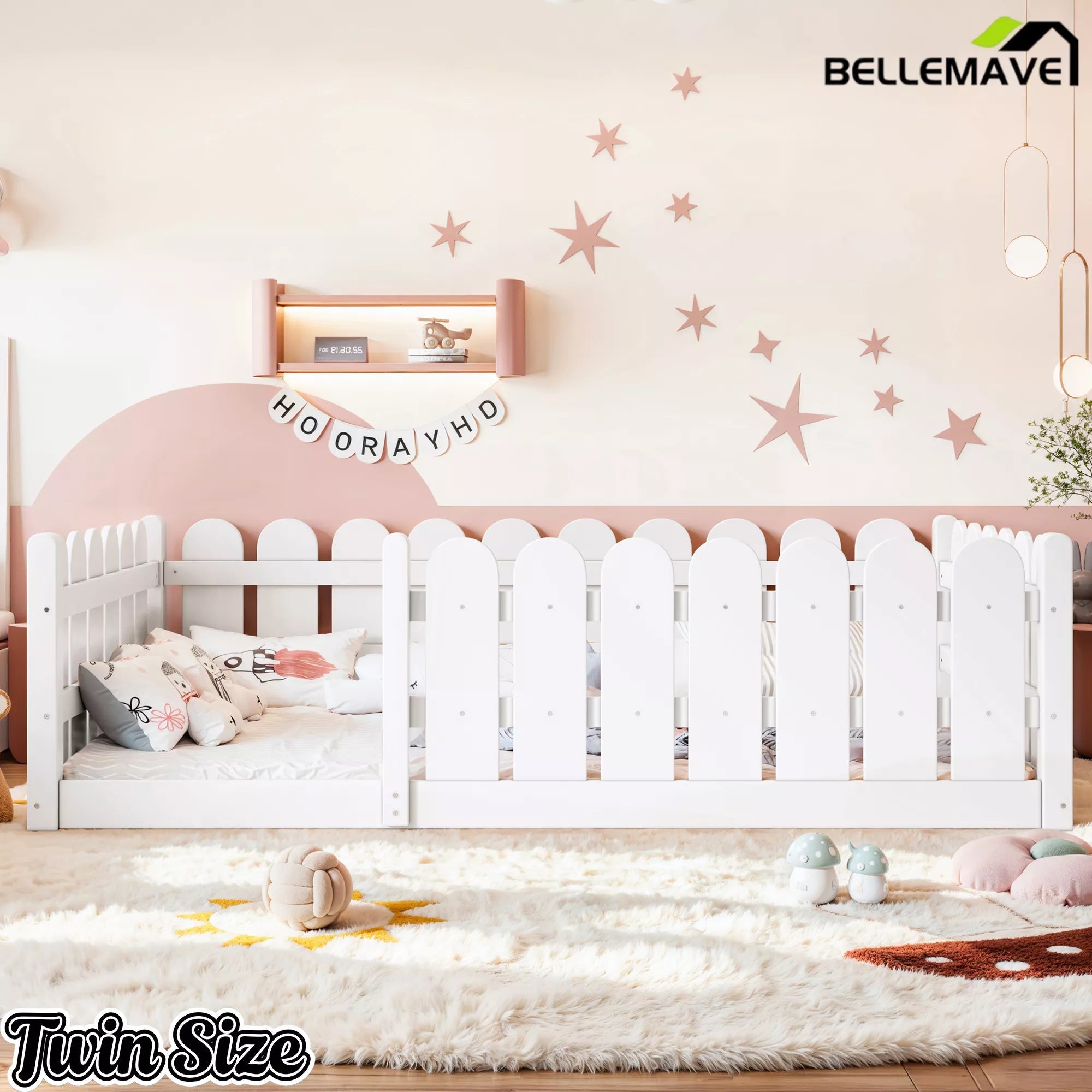 Bellemave® Solid Wood Montessori Floor Bed with Fence Guardrails, Low Profile Kids Floor Bed Frame - Bellemave