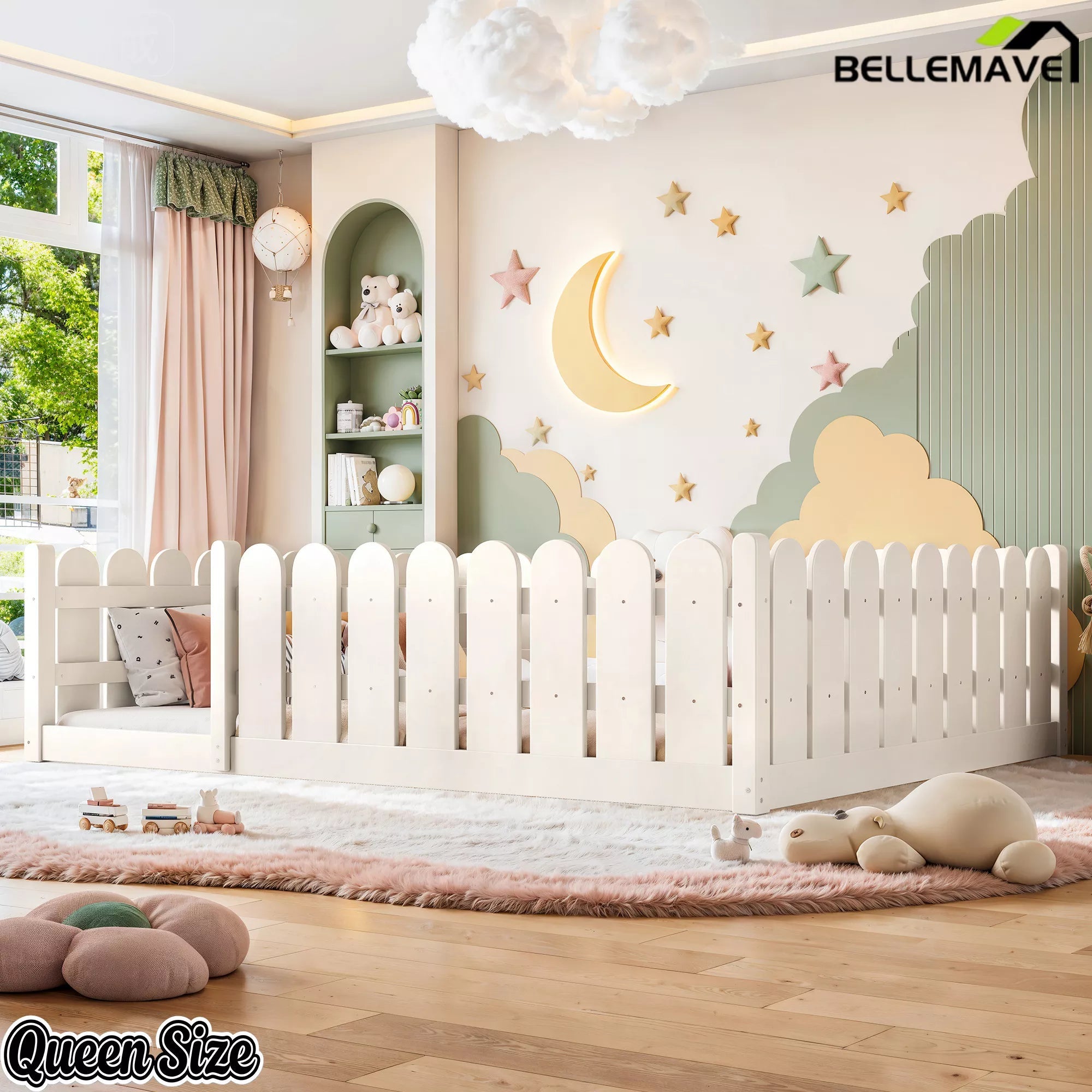 Bellemave® Solid Wood Montessori Floor Bed with Fence Guardrails, Low Profile Kids Floor Bed Frame - Bellemave