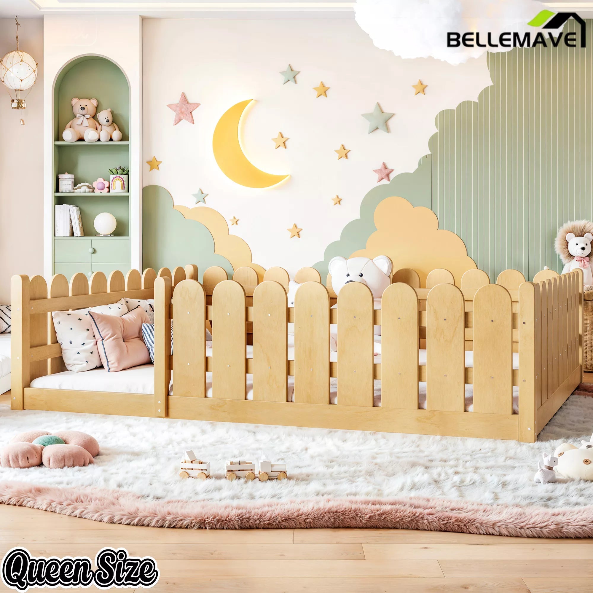 Bellemave® Solid Wood Montessori Floor Bed with Fence Guardrails, Low Profile Kids Floor Bed Frame - Bellemave