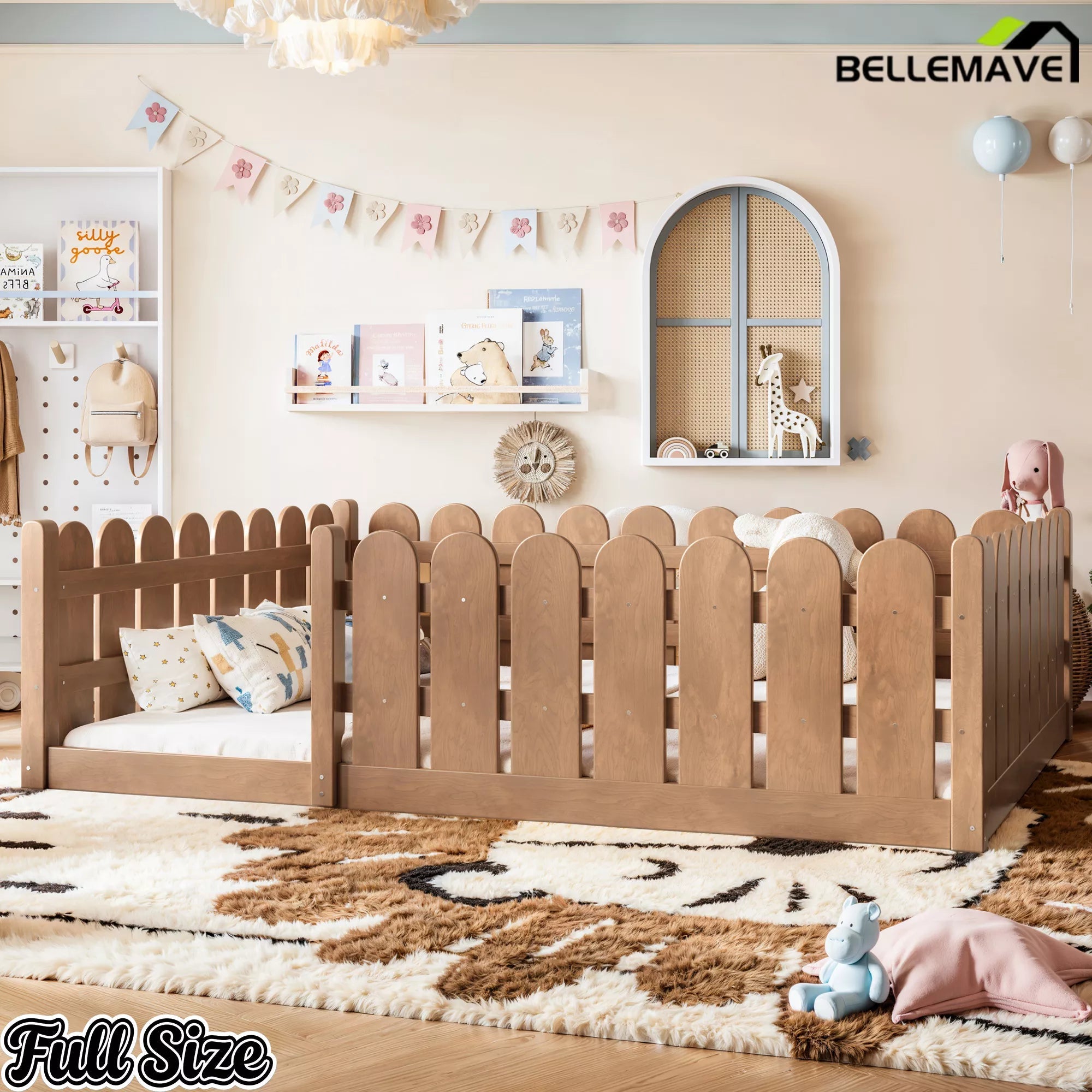 Bellemave® Solid Wood Montessori Floor Bed with Fence Guardrails, Low Profile Kids Floor Bed Frame - Bellemave