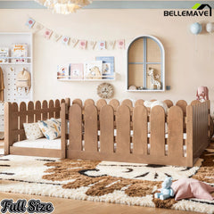 Bellemave® Solid Wood Montessori Floor Bed with Fence Guardrails, Low Profile Kids Floor Bed Frame - Bellemave