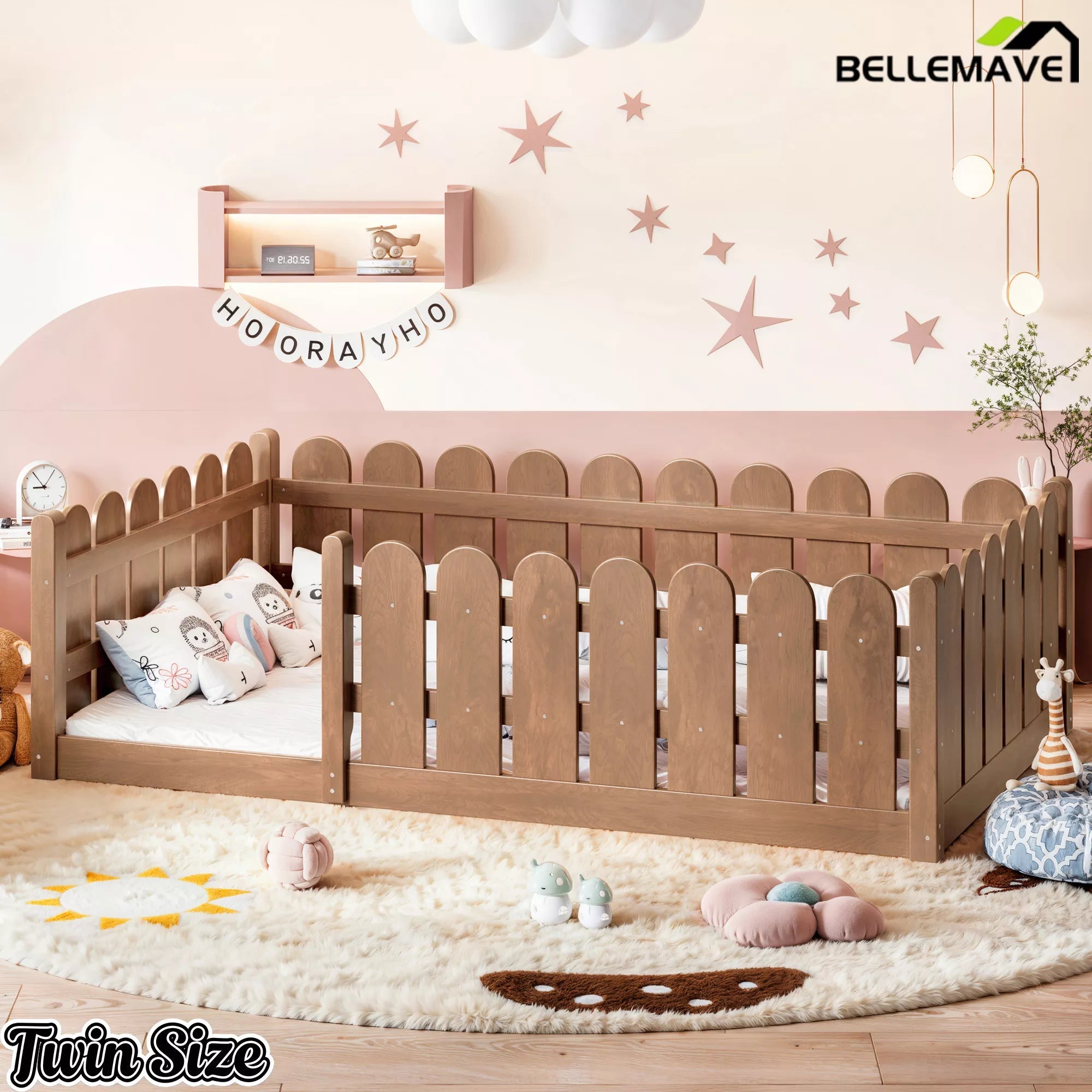 Bellemave® Solid Wood Montessori Floor Bed with Fence Guardrails, Low Profile Kids Floor Bed Frame - Bellemave