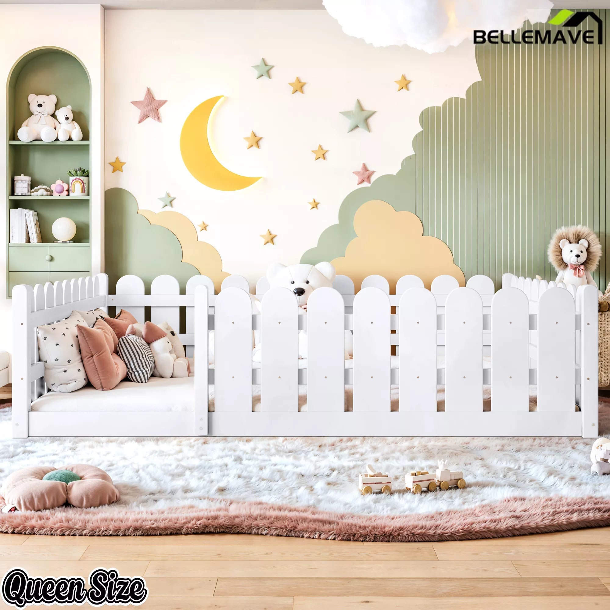 Bellemave® Solid Wood Montessori Floor Bed with Fence Guardrails, Low Profile Kids Floor Bed Frame - Bellemave