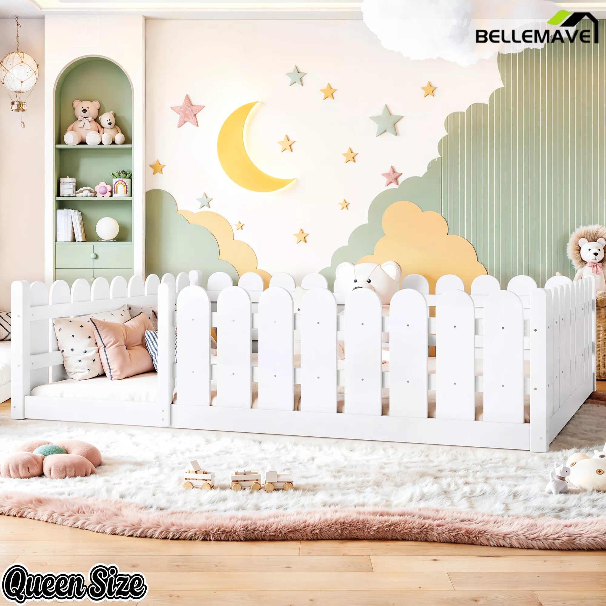 Bellemave® Solid Wood Montessori Floor Bed with Fence Guardrails, Low Profile Kids Floor Bed Frame - Bellemave
