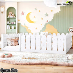 Bellemave® Solid Wood Montessori Floor Bed with Fence Guardrails, Low Profile Kids Floor Bed Frame - Bellemave