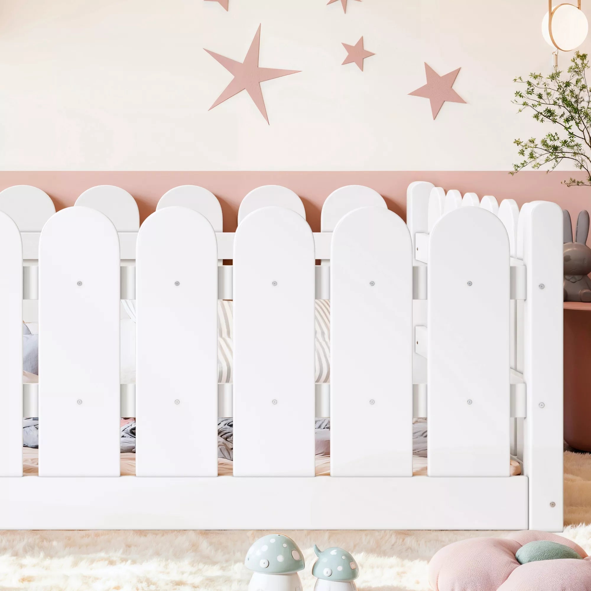 Bellemave® Solid Wood Montessori Floor Bed with Fence Guardrails, Low Profile Kids Floor Bed Frame - Bellemave