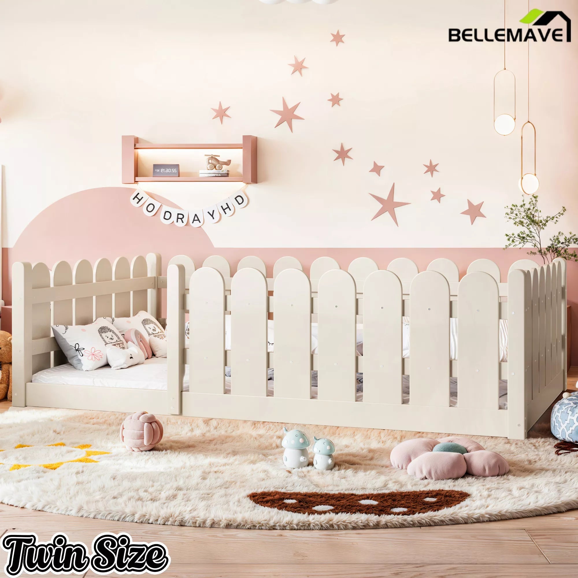 Bellemave® Solid Wood Montessori Floor Bed with Fence Guardrails, Low Profile Kids Floor Bed Frame - Bellemave