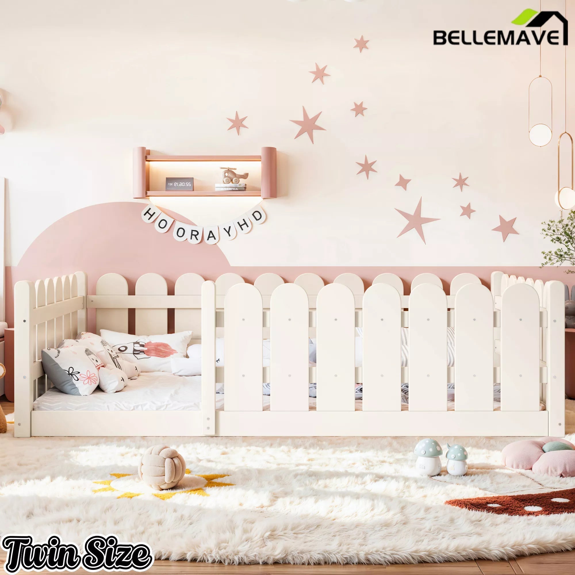 Bellemave® Solid Wood Montessori Floor Bed with Fence Guardrails, Low Profile Kids Floor Bed Frame - Bellemave