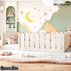 Bellemave® Solid Wood Montessori Floor Bed with Fence Guardrails, Low Profile Kids Floor Bed Frame - Bellemave