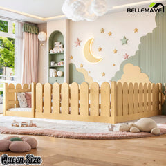 Bellemave® Solid Wood Montessori Floor Bed with Fence Guardrails, Low Profile Kids Floor Bed Frame - Bellemave
