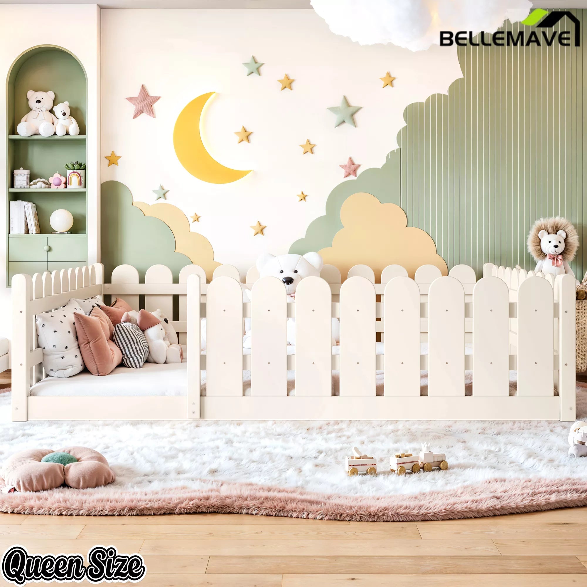Bellemave® Solid Wood Montessori Floor Bed with Fence Guardrails, Low Profile Kids Floor Bed Frame - Bellemave