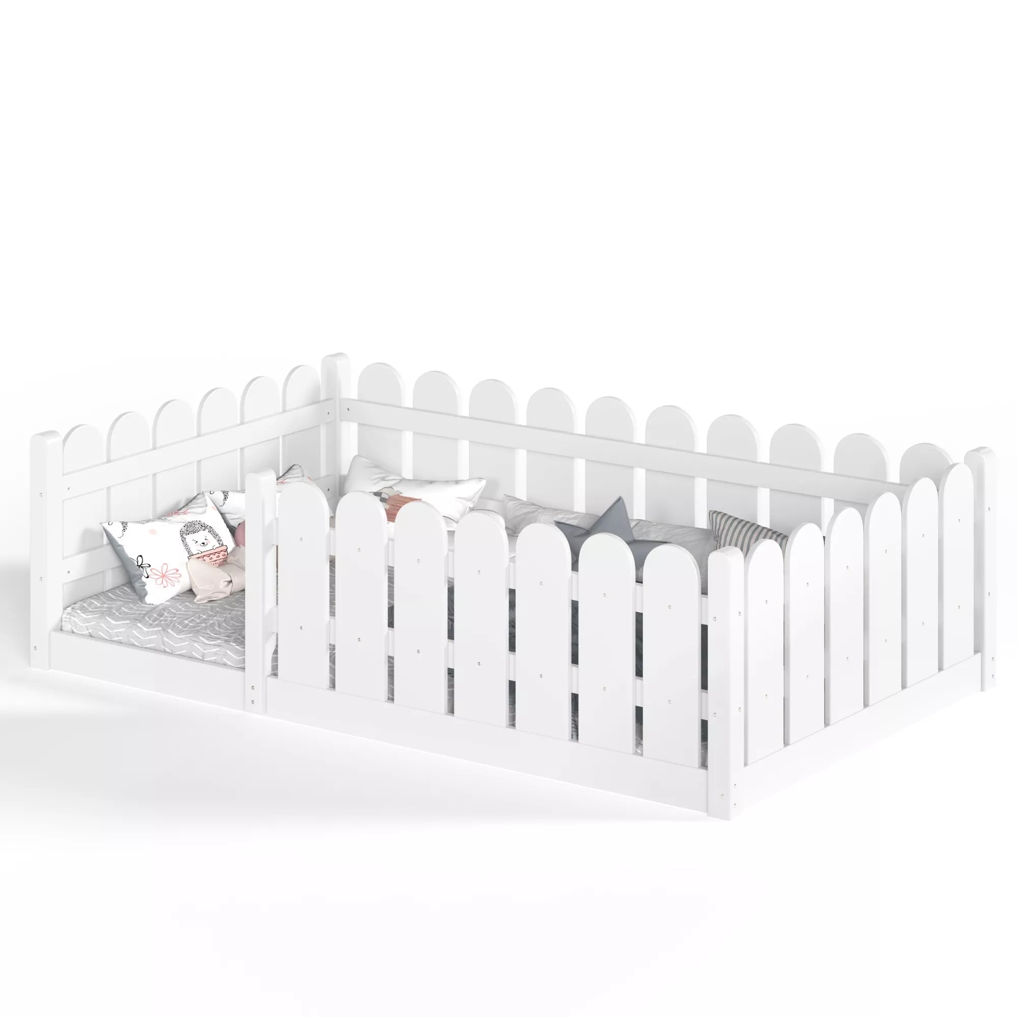 Bellemave® Solid Wood Montessori Floor Bed with Fence Guardrails, Low Profile Kids Floor Bed Frame - Bellemave