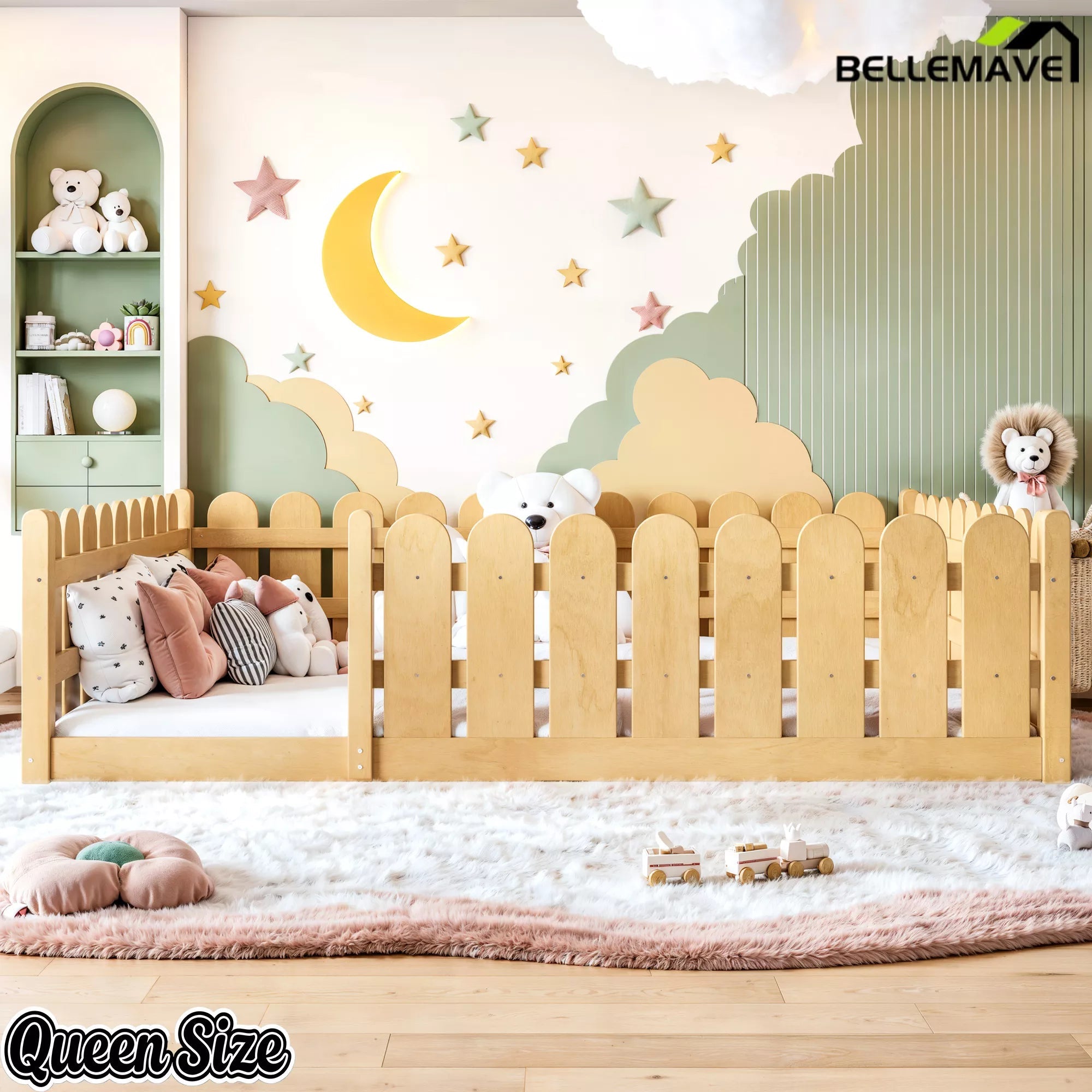 Bellemave® Solid Wood Montessori Floor Bed with Fence Guardrails, Low Profile Kids Floor Bed Frame - Bellemave