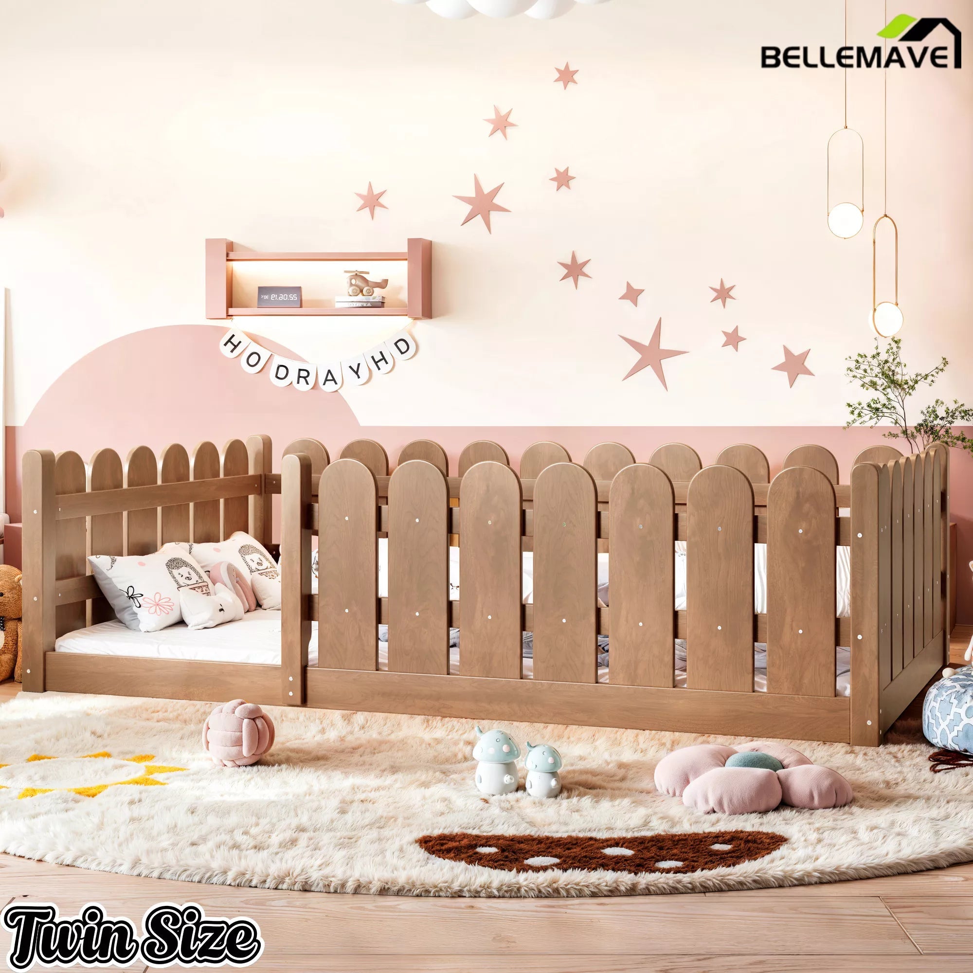 Bellemave® Solid Wood Montessori Floor Bed with Fence Guardrails, Low Profile Kids Floor Bed Frame - Bellemave