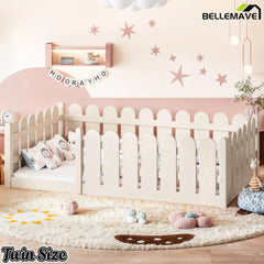 Bellemave® Solid Wood Montessori Floor Bed with Fence Guardrails, Low Profile Kids Floor Bed Frame - Bellemave