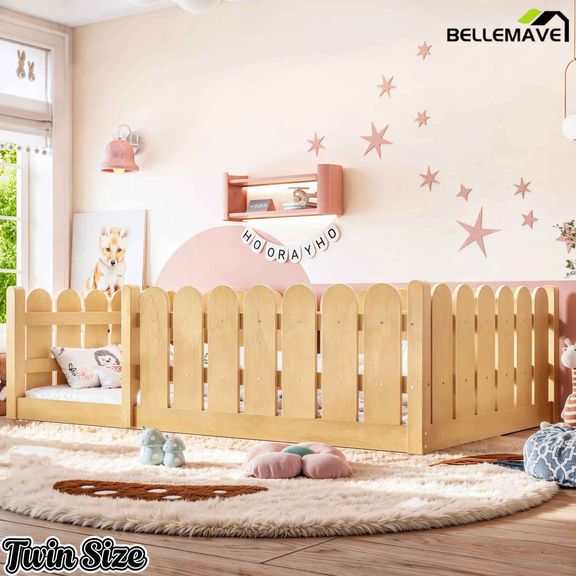 Bellemave® Solid Wood Montessori Floor Bed with Fence Guardrails, Low Profile Kids Floor Bed Frame - Bellemave