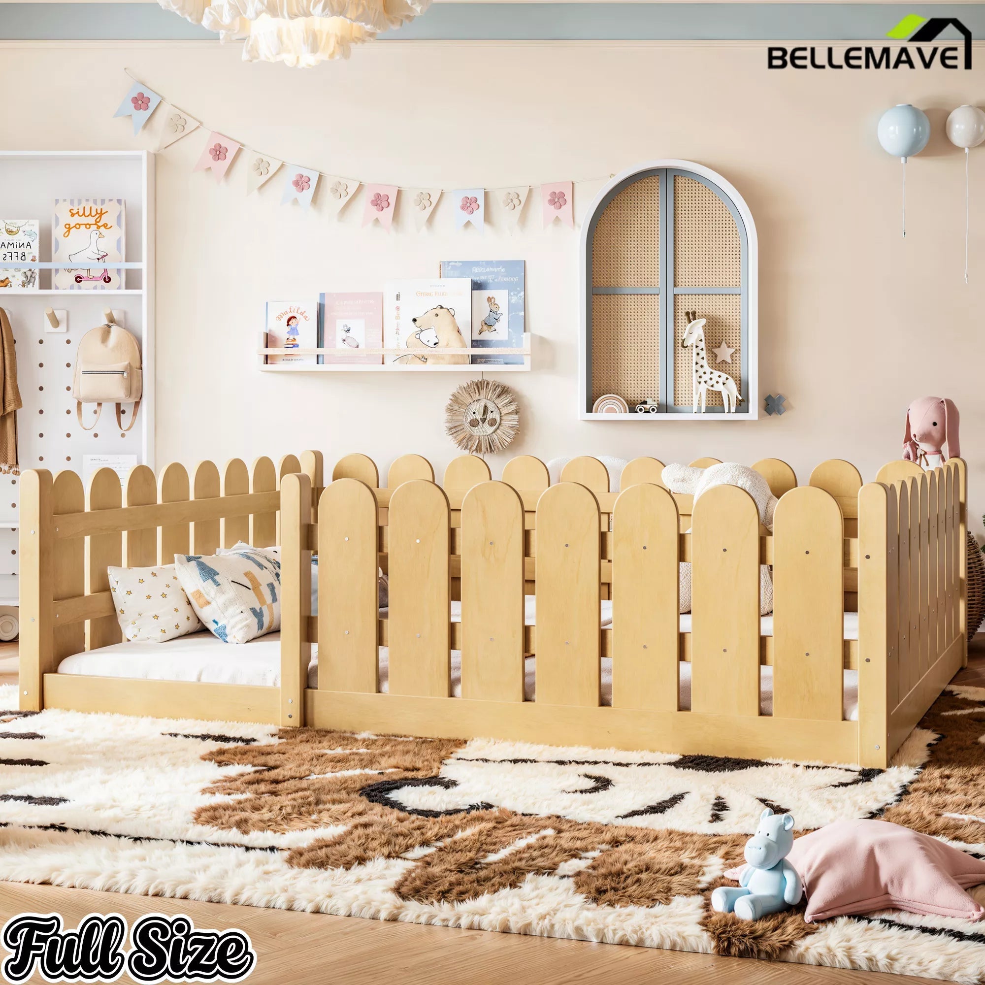 Bellemave® Solid Wood Montessori Floor Bed with Fence Guardrails, Low Profile Kids Floor Bed Frame - Bellemave